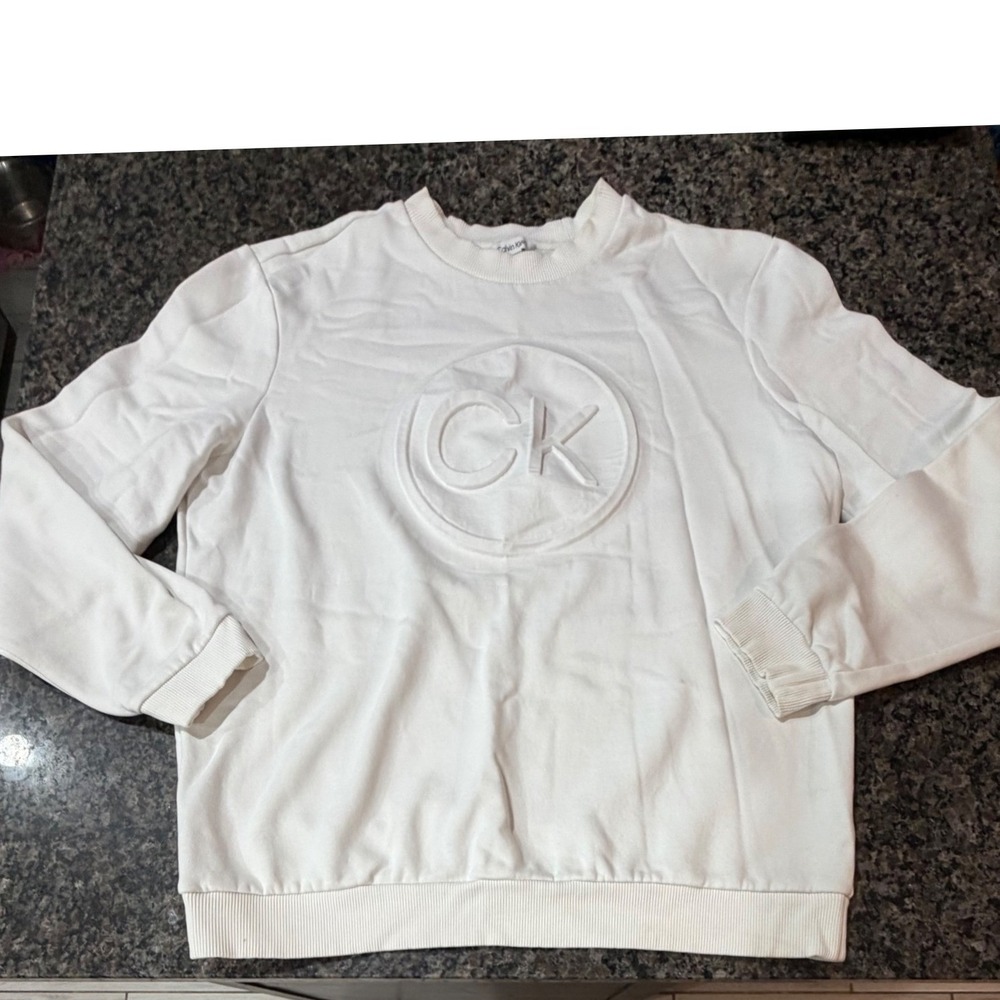 Calvin Klein Mens White Embossed Logo Crewneck Sweatshirt Large CK Pullover
